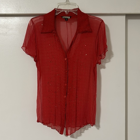 ROZAE NICHOLS VIBRANT RED SILK CHIFFON BLOUSE + SWAROVSKI CRYSTALS POLKA DOT FM - Picture 1 of 11